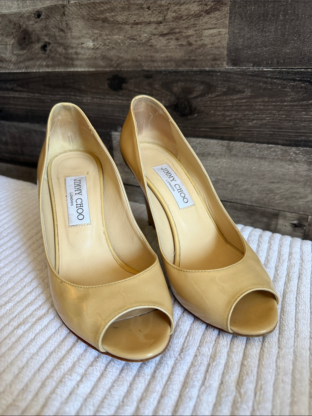 Jimmy Choo Cream Patent Leather Peep-Toe Pumps